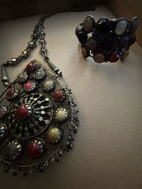 Vintage-Inspired Multicolor Stone Necklace & Cuff Bracelet